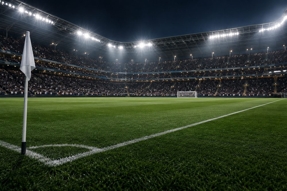 Floodlit football stadium before kickoff